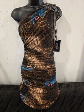 Jovani One-Shoulder Leopard Print Short Dress with Blue Feather Accents Beading